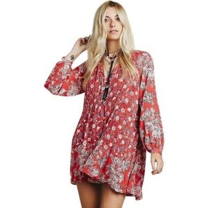 Free People Lucky Loosie Boho Festival Puff Sleeve Mini Dress Tunic XS